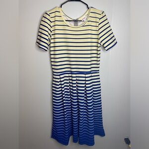 LuLaRoe Yellow Blue Striped Ombre Dip Amelia Size XL Dress With Pockets